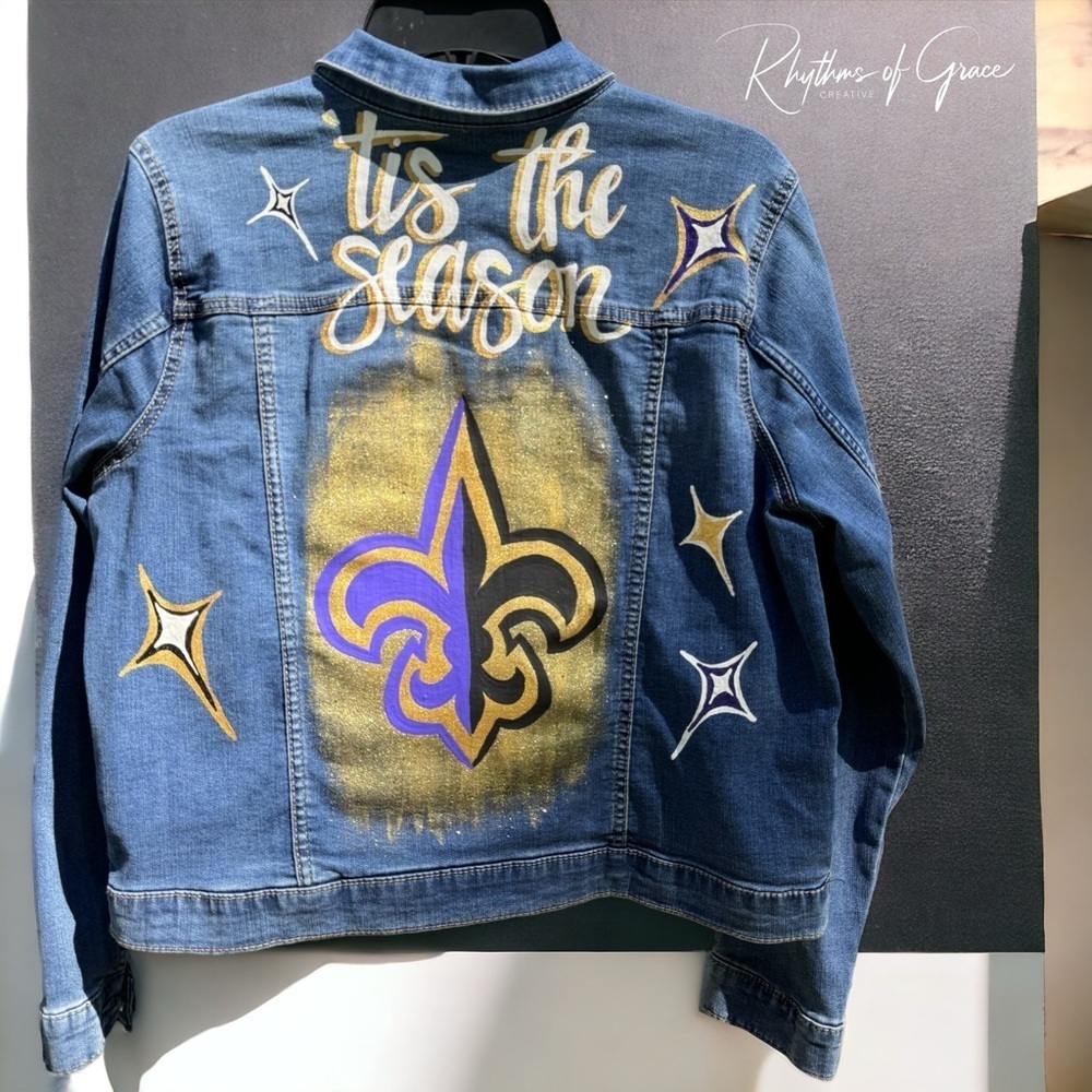 Hand-Painted Jean Jacket: ‘Tis the Season! | Perfect for LSU & Saints Fans (NEW)